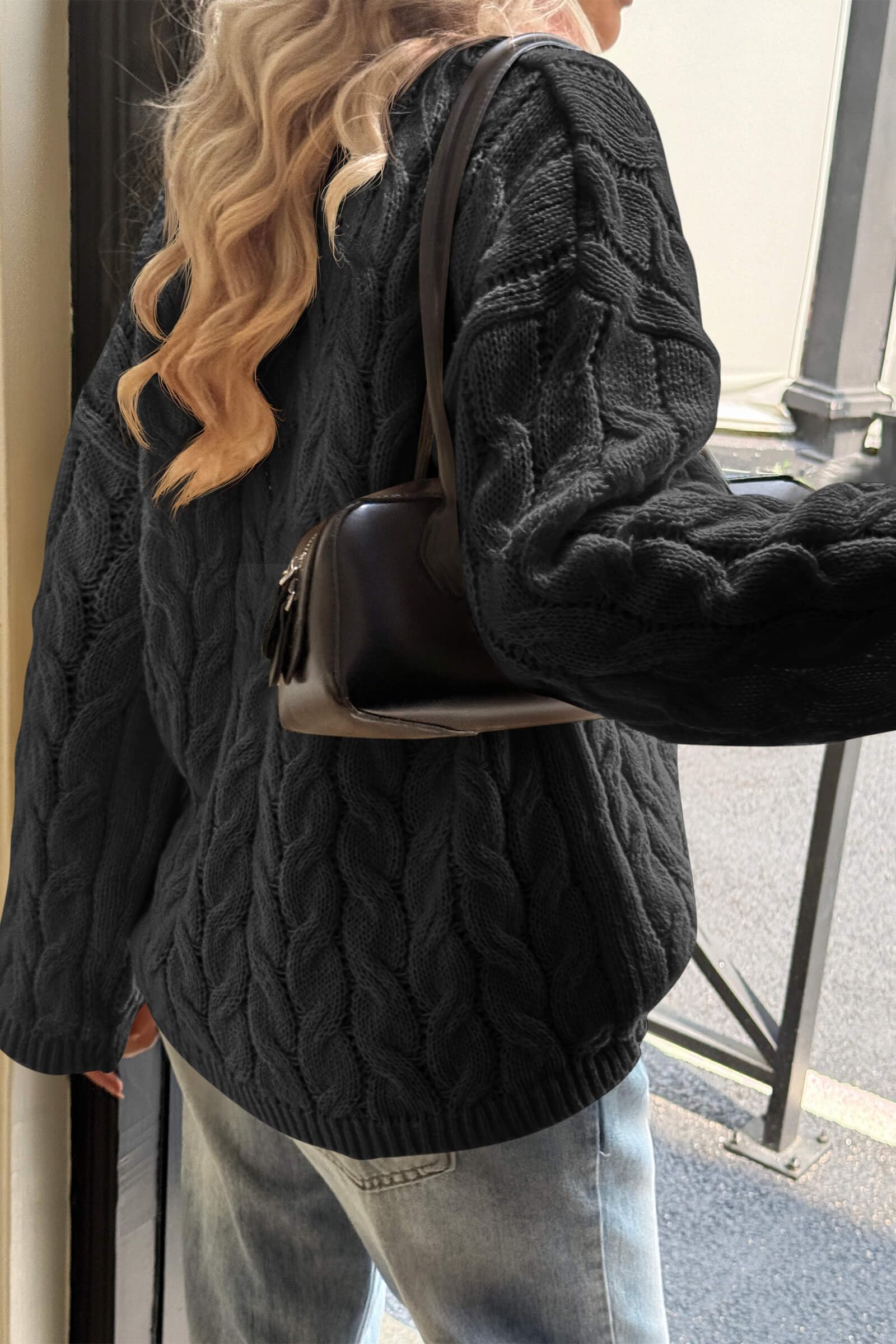 Cicy Bell Womens Oversized Cable Knit Sweaters Long Sleeve Crewneck Chunky Loose Fit Pullover Tops Black