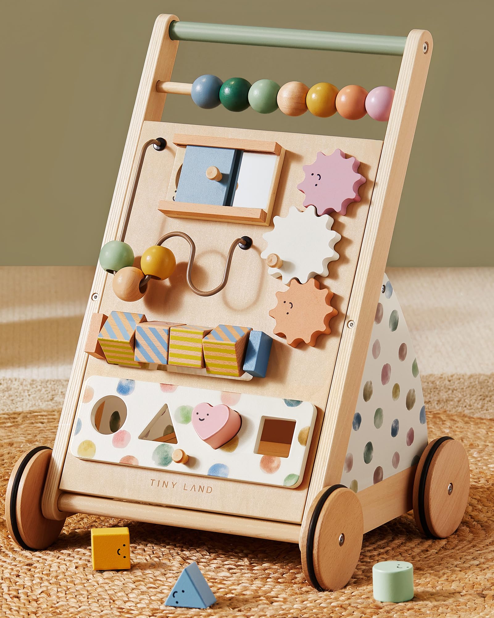 Tiny Land Wooden Baby Walker, Adjustable Speed Baby Push Walker for Boys and Girls, Montessori Activity Center Push Toy for Kids' Development, Ideal Christmas Gift for Toddlers (Morandi)