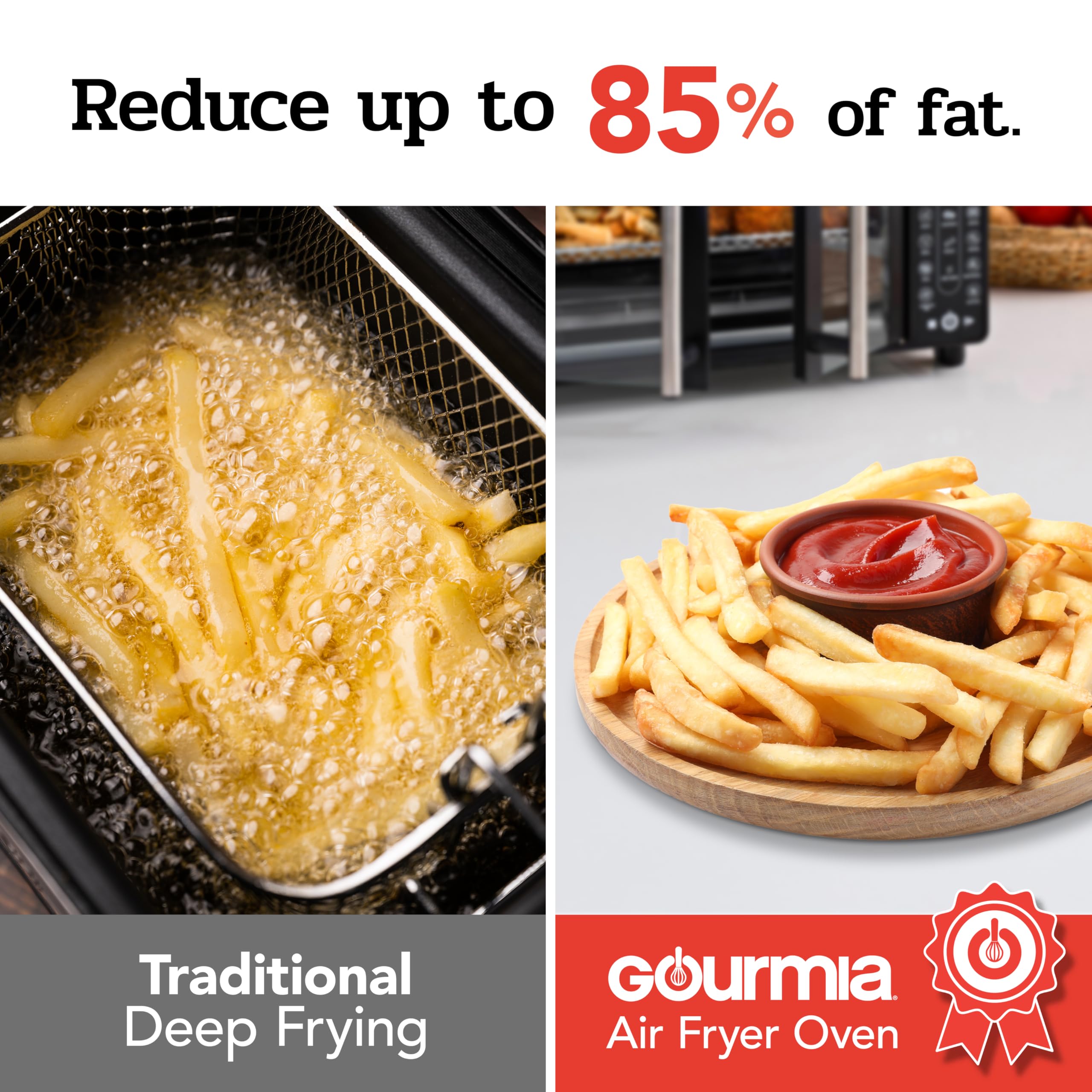 Gourmia French Door Air Fryer – 25 Qt Large Capacity Convection Oven, Fryforce 360°, Digital Display with 17 Cooking Presets, Bake, Toast, Roast, Dehydrate, Fits 12” Pizza