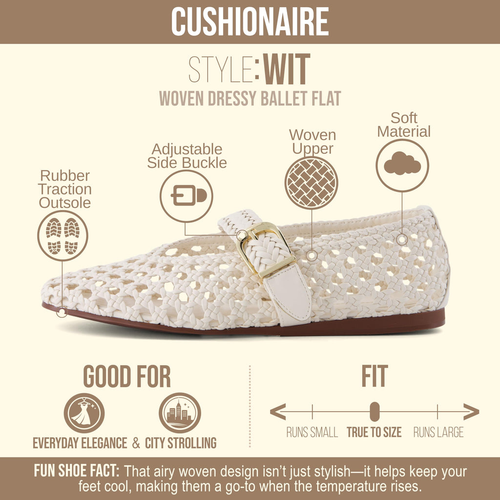 CUSHIONAIRE Wit Hand Woven Womens Flats, Comfortable Mary Jane Ballet Flat with Adjustable Buckle Braided Strap and Cushioned Memory Foam, CREAM 7W
