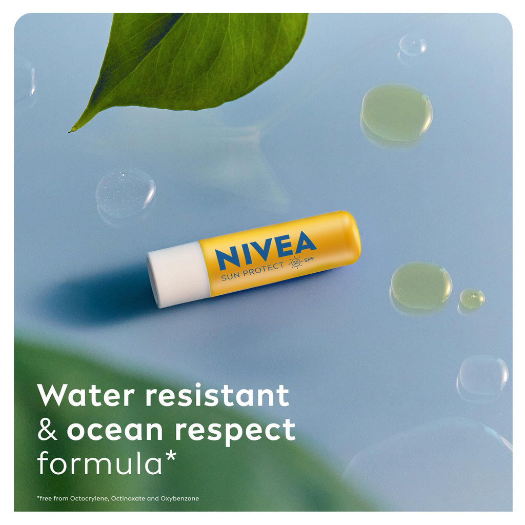 NIVEA SUN Protect Caring Lip Balm SPF50 (4.8g), Factor 50 Balm with Shea Butter, Protection Against UVA/UVB Rays with 24H Moisture, Lip Care, No White Cast