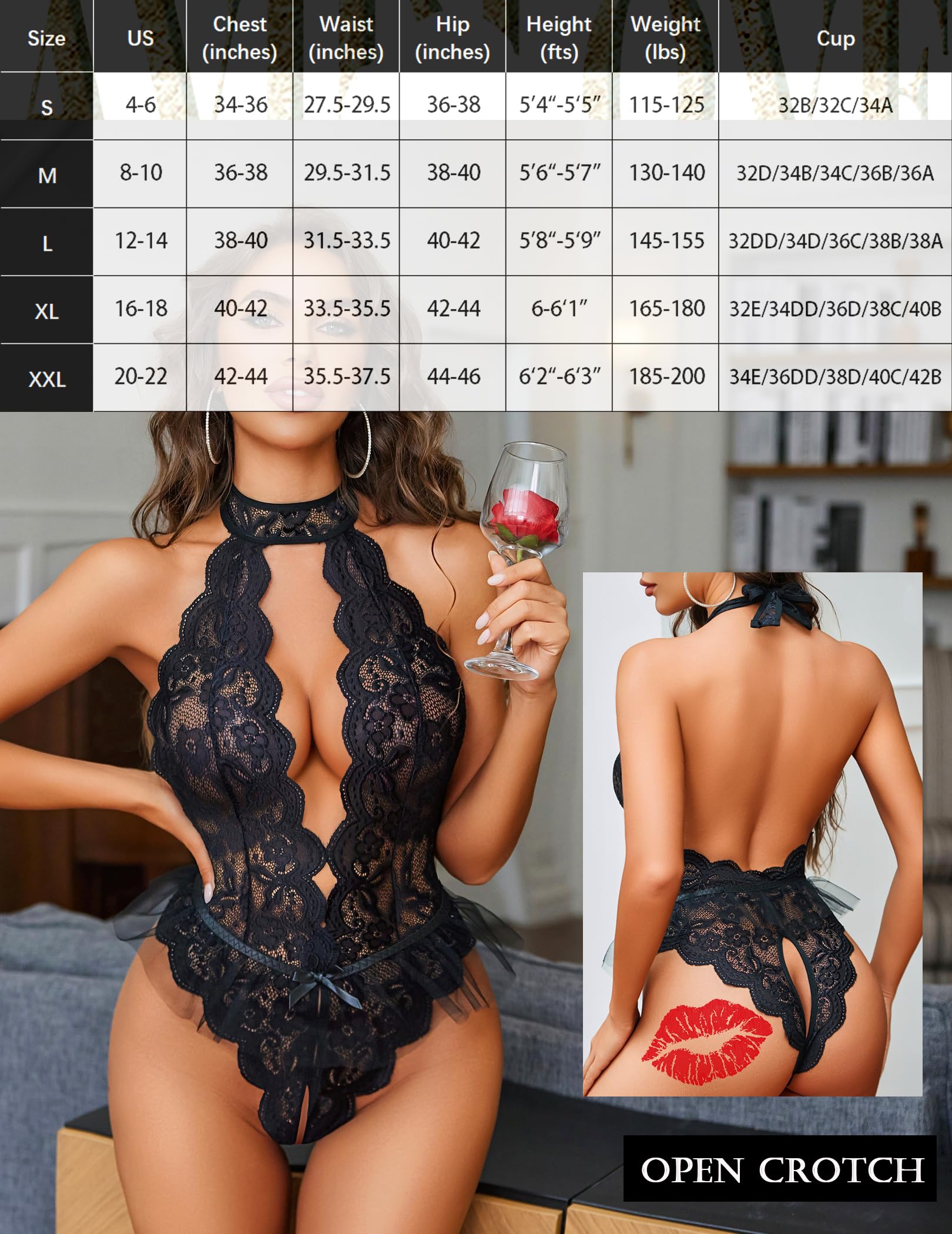 Avidlove Lingerie for Women Halter Lace Bodysuit Deep V Teddy Babydoll Sleepwear Black L