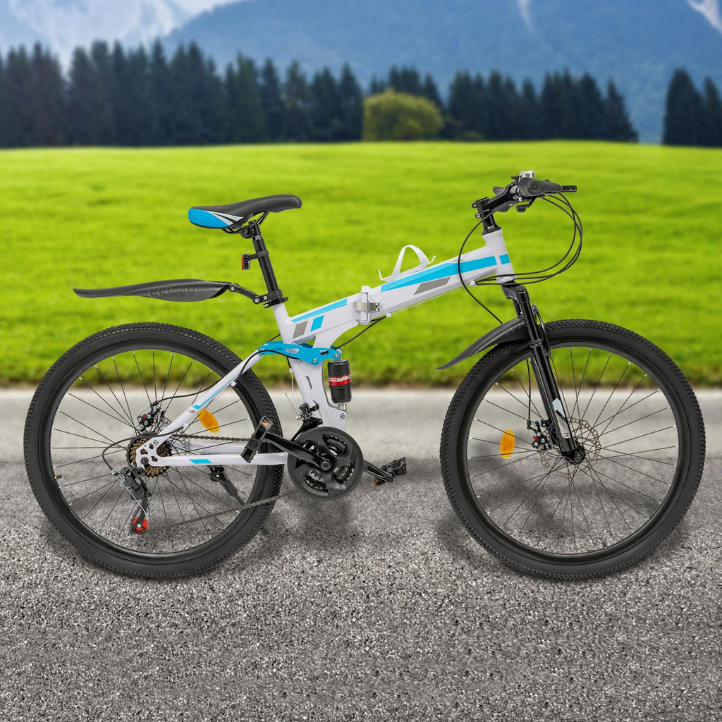 Arligaaduo 26 Inch Foldable Mountain Bike, 21 Speed Folding Mountain Bike with Double Shock Effect, Full Suspension Powerful Mechanical Dual Disc Brakes, Unique Design and Ergonomic Frame & Cushion