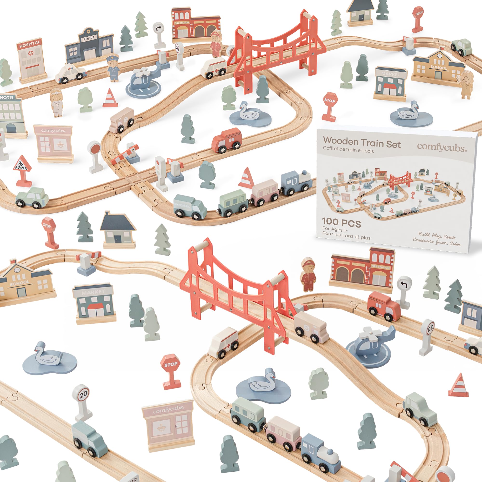 Comfy Cubs 100-Piece Wooden Train Set for Toddlers Ages 1+, Fun & Eco Friendly Toddler Train Set with Wooden Toy Tracks - Creative Toy Town Promoting Imaginative Play with Flexible Configuration