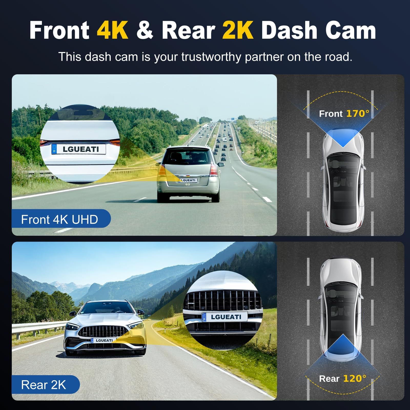 Dash Cam, 4K+2K Full HD Dash Cam Front and Rear, Dash Camera for Cars with Built-in 5GWiFi, 3.2” IPS Screen Dashcam, with 64GB Card, Night Vision, Loop Recording, G-Sensor, Parking Mode
