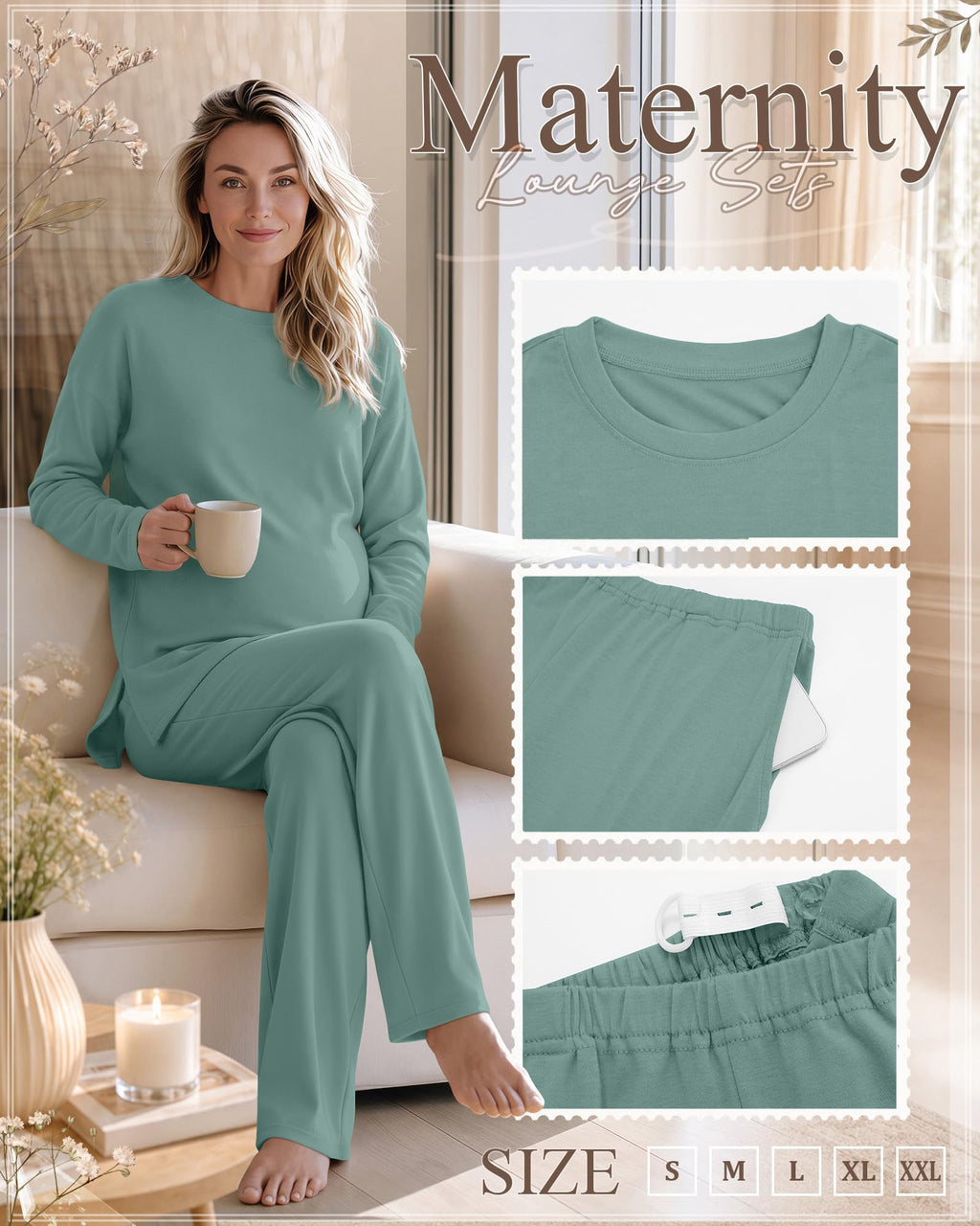 Huukeay 2 Pack Maternity Long Sleeve Pajamas Sets, 2-Color, Medium