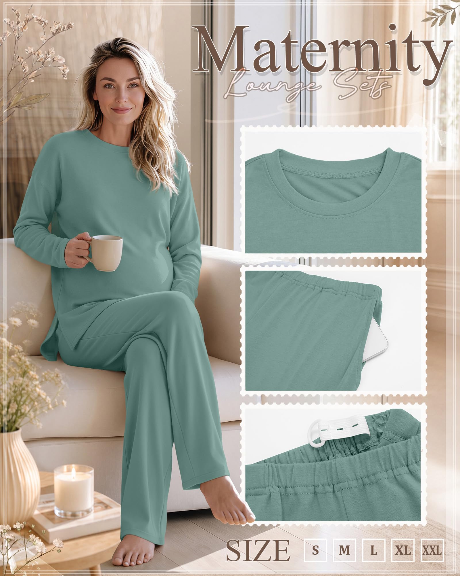 Huukeay 2 Pack Maternity Long Sleeve Pajamas Sets, 2-Color, Medium