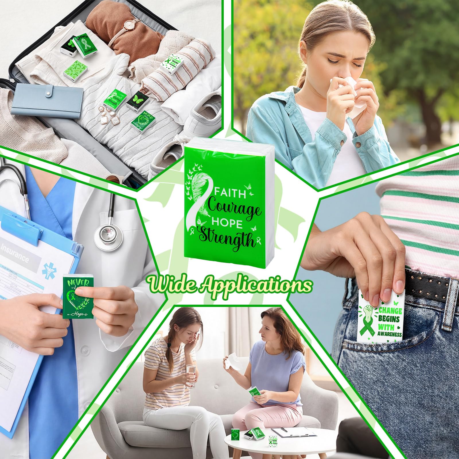 Honoson 60 Pack Mental Health Awareness Tissues Bulk Green Ribbon Mental Health Awareness Month Gifts Favor Travel Pocket Tissue for Charity Event Supplies Volunteer Activities