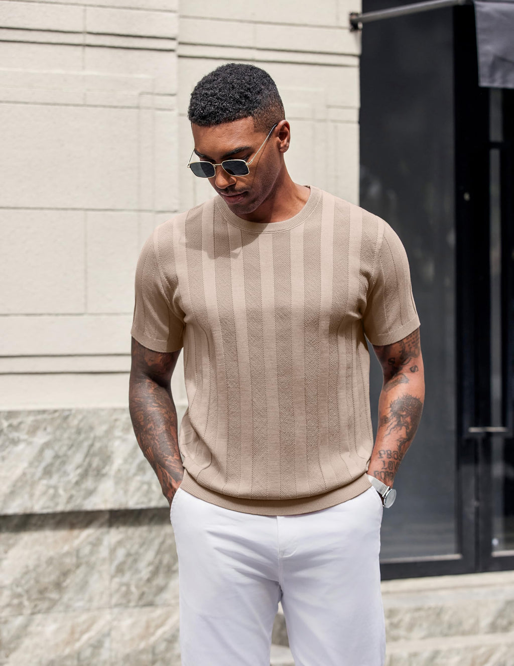 COOFANDY Crew Neck Tshirts for Men Summer Shirt Knit Short Sleeve Pullover Sweater Business Wear Khaki
