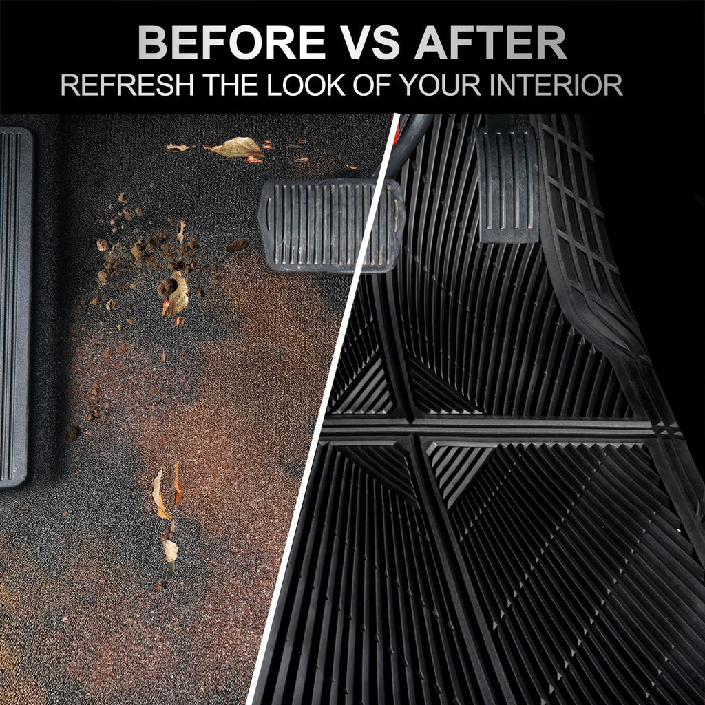 CAR PASS Rubber Floor Mats, All Weather Waterproof Trim-to-Fit Automotive Mats for Cars Trucks SUV, Anti-Slip Easy Clean, Heavy Duty Full Set 3-Piece, All Black