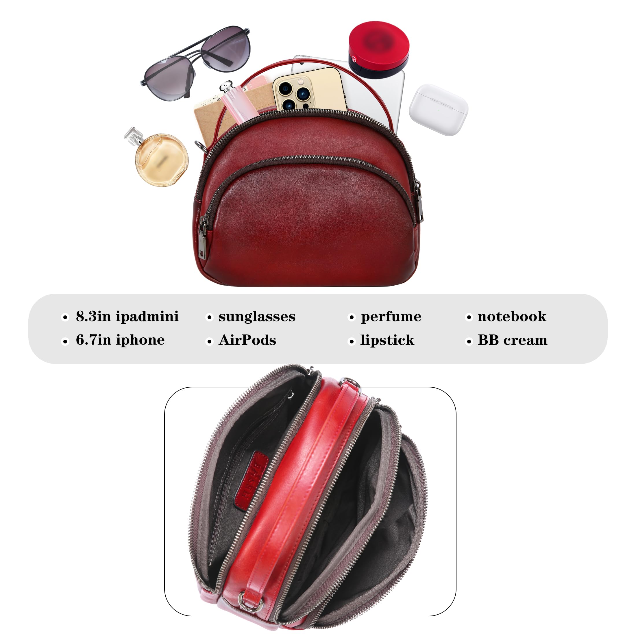 HESHE Genuine Leather Crossbody Bags Leather Purses for Women Vintage Small Shoulder Handbags with Multi-Pockets (Wine)