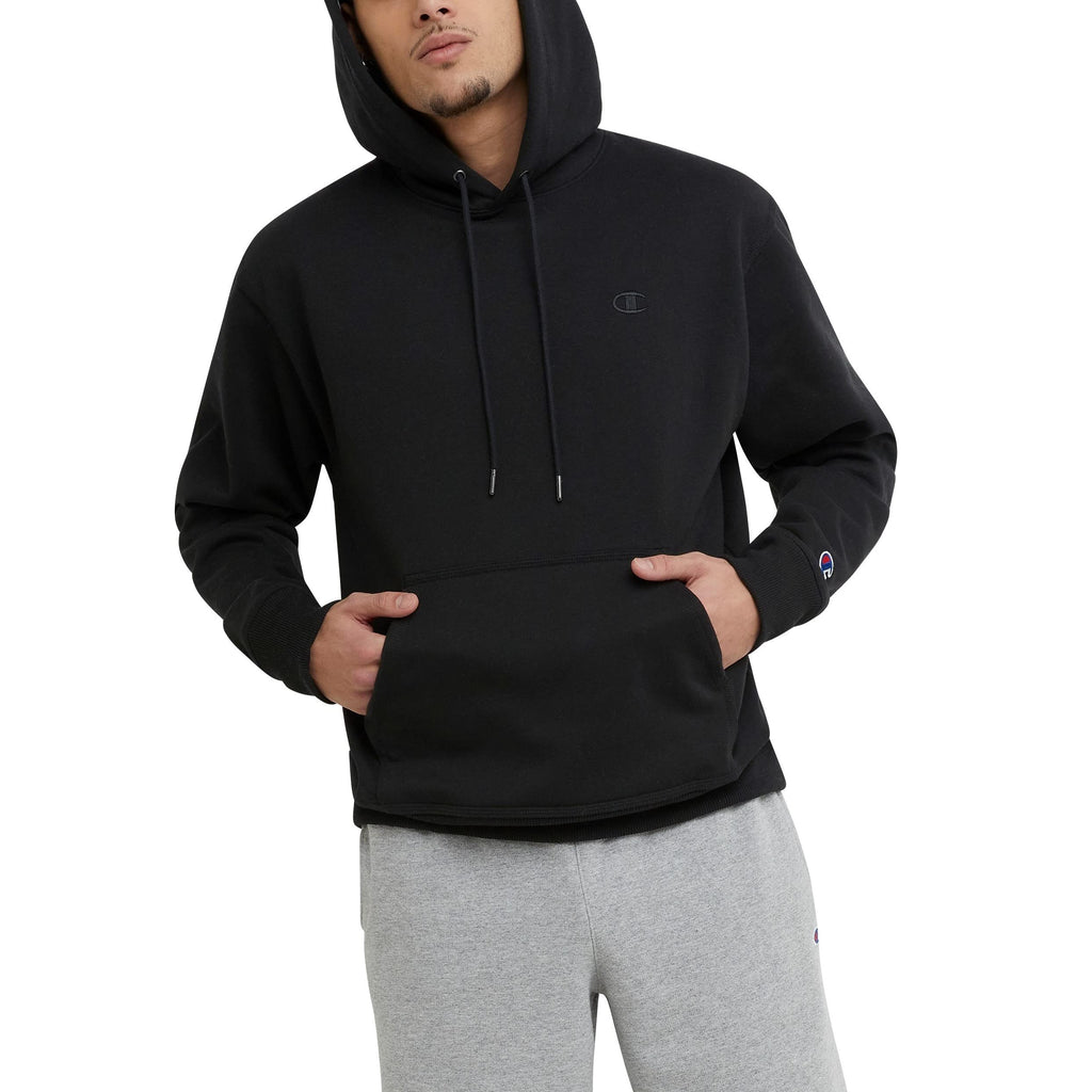 Champion Men's Pullover Fleece Hoodie, Standard Fit, Midweight, C Logo, Available in Regular and Big & Tall, Black, Large