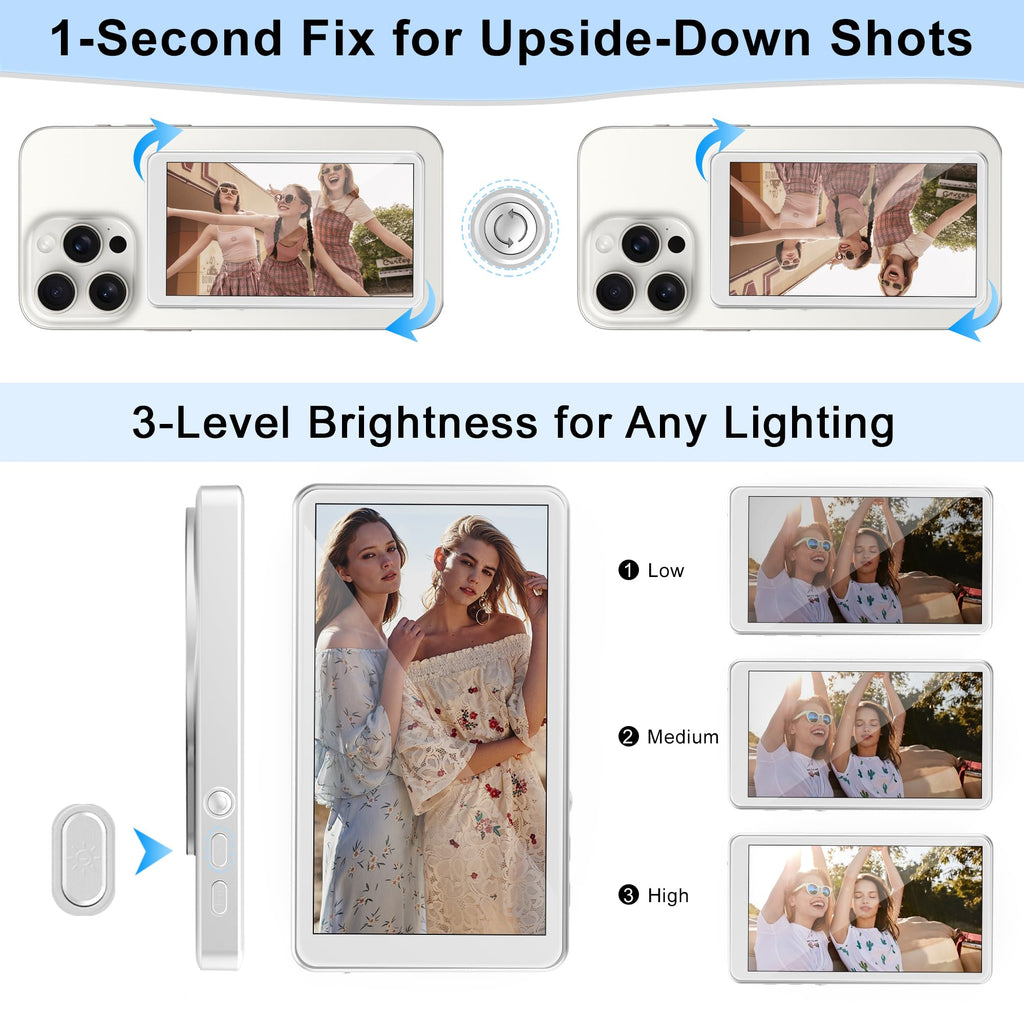 Selfie Monitor Screen for iPhone/Android,Magnetic Phone Vlog Selfie Screen with 1800mAh Battery&Bluetooth Remote,Wireless Back Camera Monitor for Live Streaming/TikTok(White)