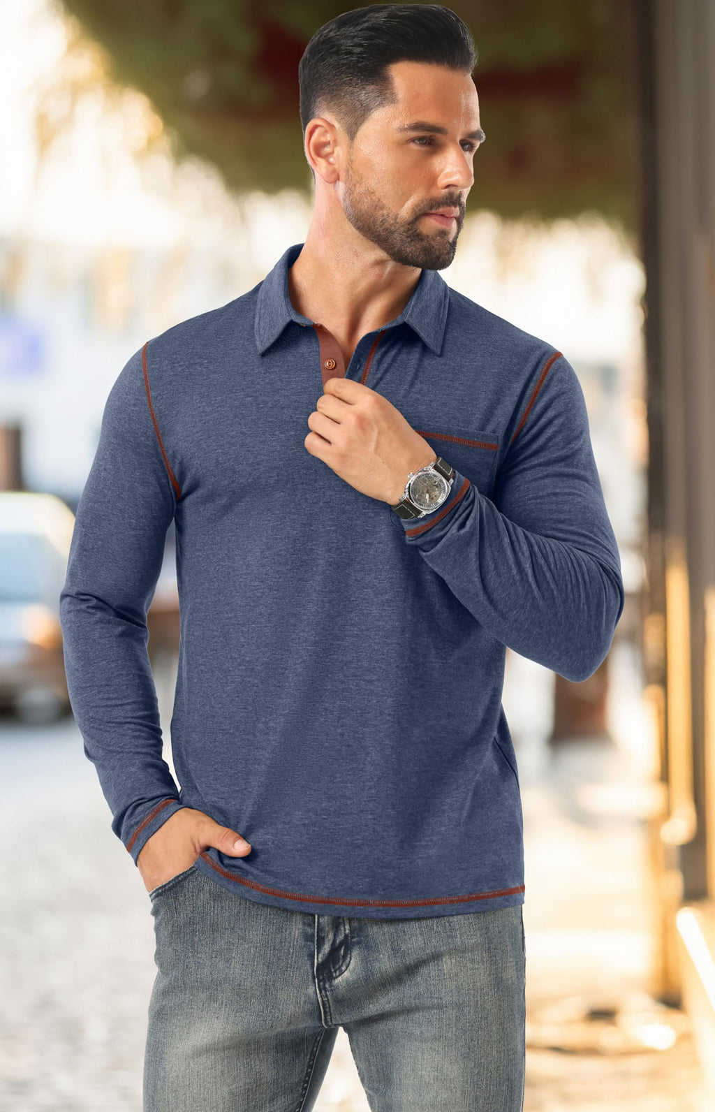 Sailwind Mens Long Sleeve Polo Shirts Cotton Fashion Casual Classic Collared Golf Shirts Navy Blue