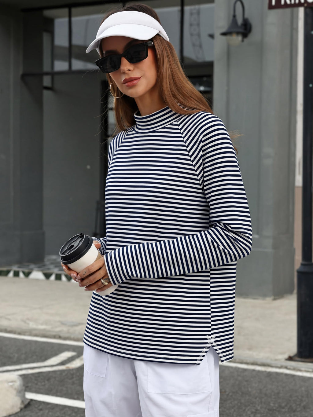 ANRABESS Women Mock Neck Long Sleeve Shirts Striped Top Navy Blue White L
