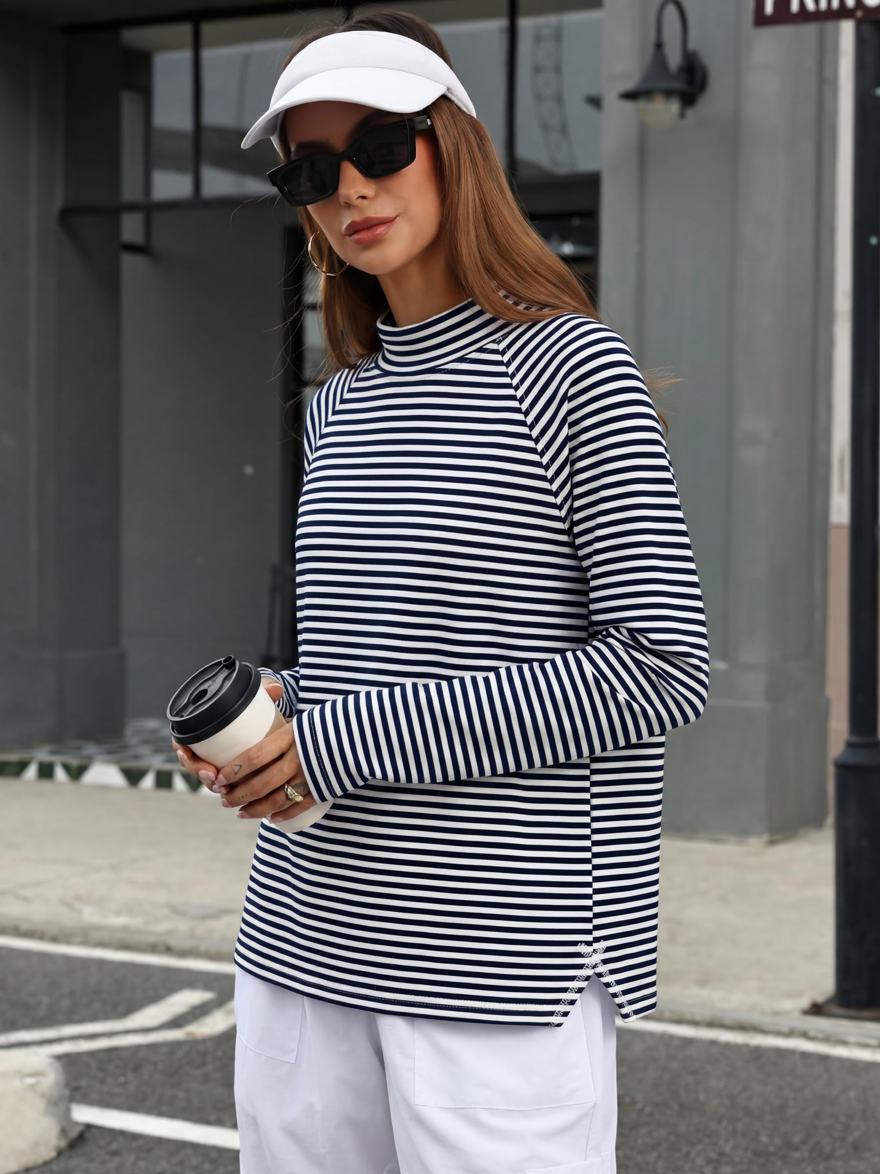 ANRABESS Women Mock Neck Long Sleeve Shirts Striped Top Navy Blue White L