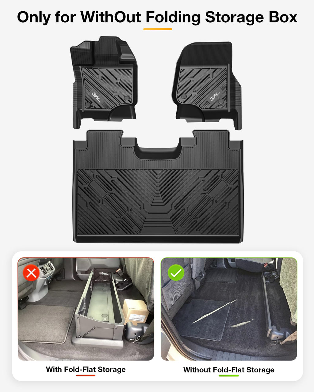 3W Floor Mats for Ford F-150 2015-2025 2026 & F150 Lightning 2022-2025 SuperCrew (w/o Fold Flat Storage), TPE All Weather Custom Fit, Front & Rear 3PCS | Heavy Duty, Easy Clean - Black