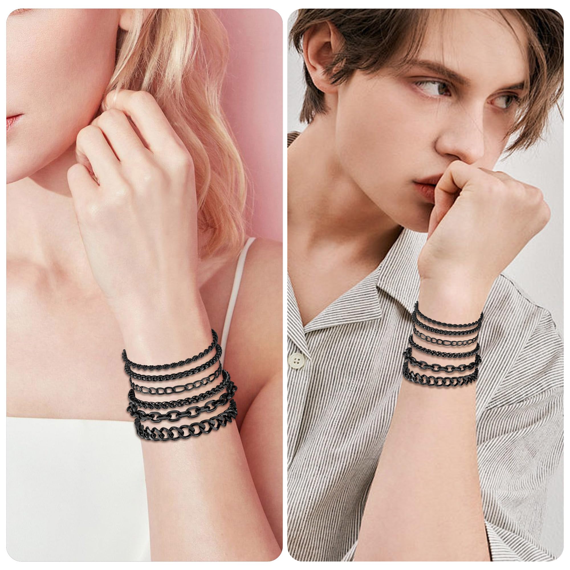 Aospkle 6PCS Stainless Steel Bracelets for Men Women, Black Cuban Link Rope Box Wheat Chain Paperclip Figaro Jewelry Set, 8 Inches