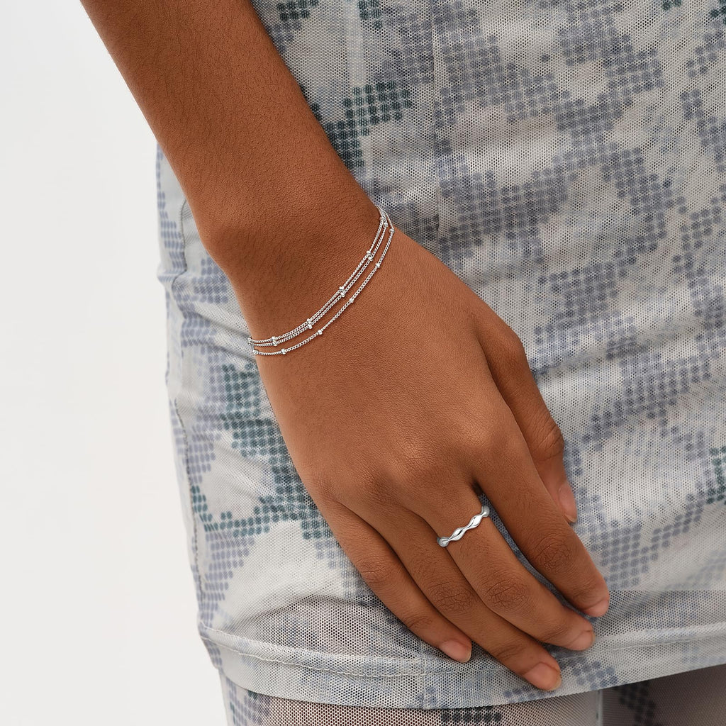 MEVECCO Bracelet for Women Sliver Layered Satellite Chain Bead Sliver Plated Dainty 3 Layer Simple Jewelry