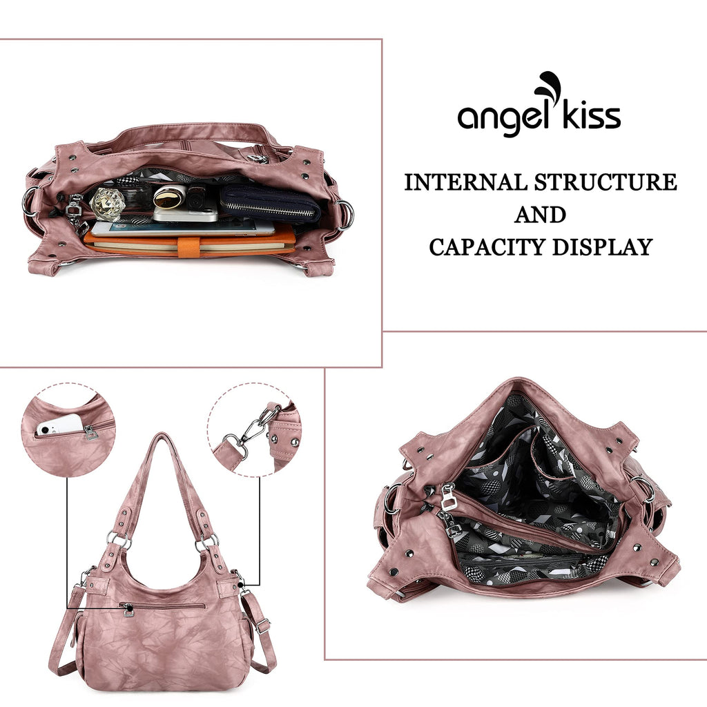 Angel Kiss Large Purses and Handbags for Women Washed Faux Leather Crossbody Hobo Satchel Shoulder Handbag Tote Purse-1Pink