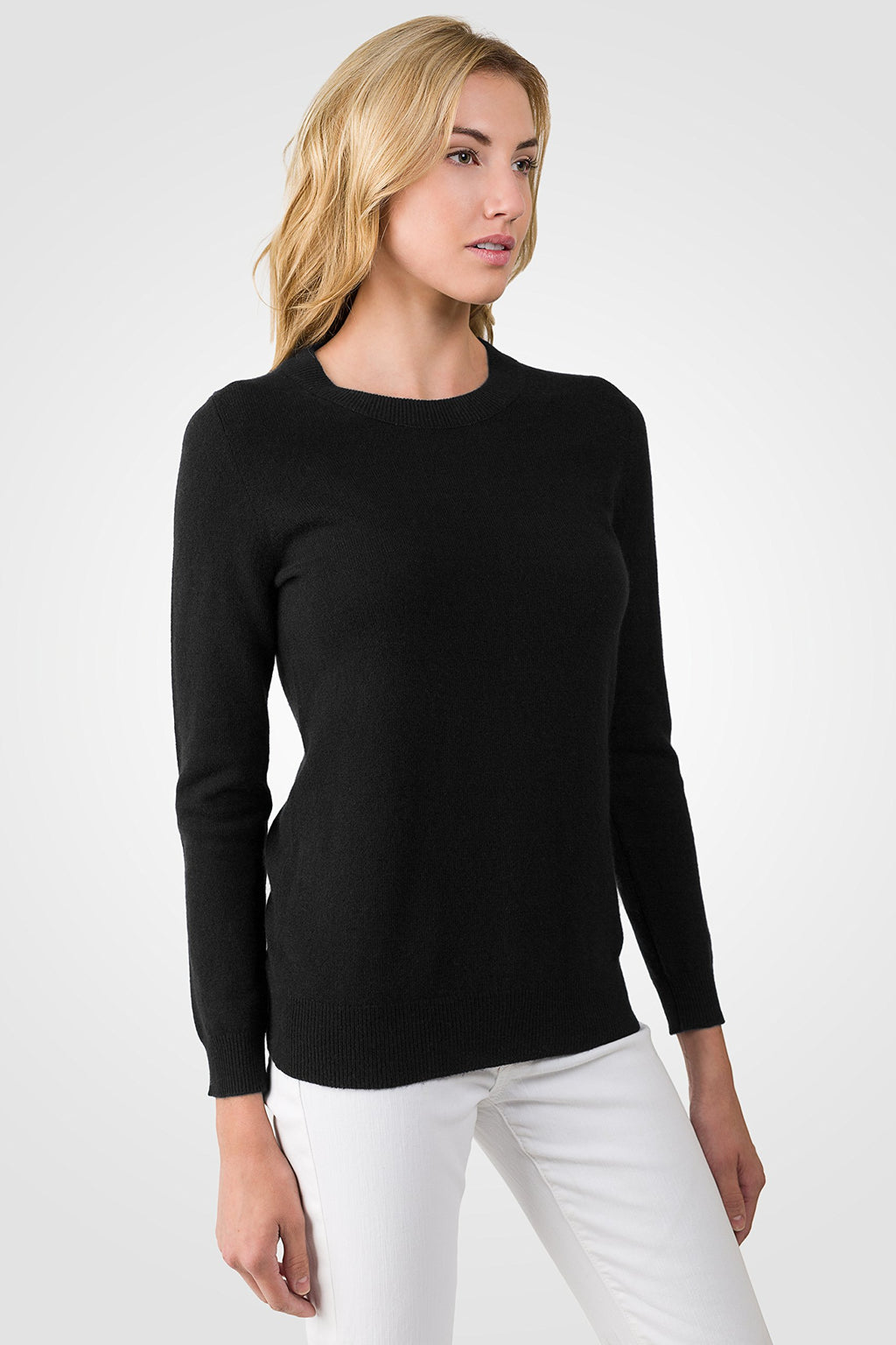 JENNIE LIU Women's 100% Pure Cashmere Crew Neck Sweater, Tight Knit Cozy Soft Hand Washable Long Sleeve Pullover (Small, Black)