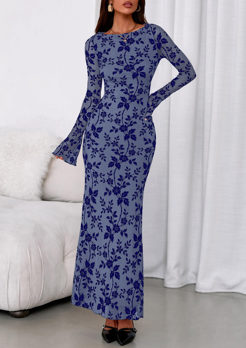 PRETTYGARDEN Women's Floral Bodycon Maxi Dress 2026 Spring Elegant Mesh Long Sleeve Formal Wedding Guest Cocktail Dresses (Dusty Blue,XX-Large)