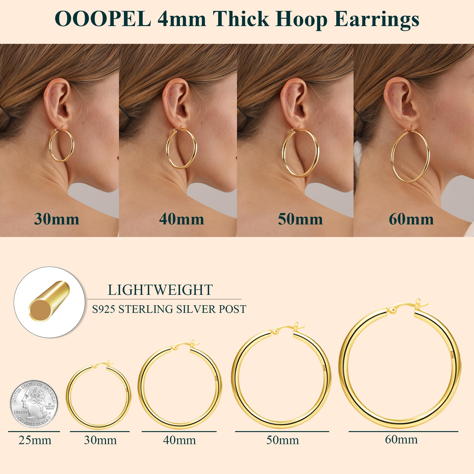 4mm Thick Gold Chunky Earrings Steling Silver Post Hoops Earrings For Women Hollow Tube Hoops Earrings Thick Golden Hoop Earrings Hypoallergenic Lightweight Gold Hoop Large Earrings 20/30/40/50/60MM