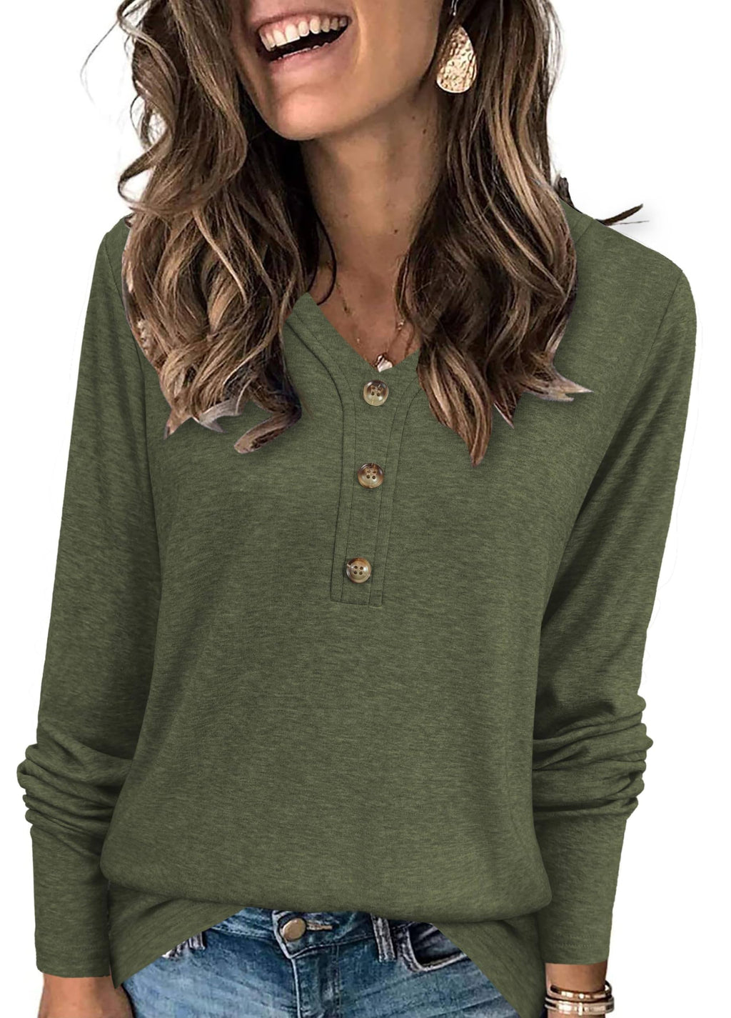 XMTOPYE Womens Long Sleeve Tops V Neck Button Tunic Fall Clothes Lightweight Blouses Green