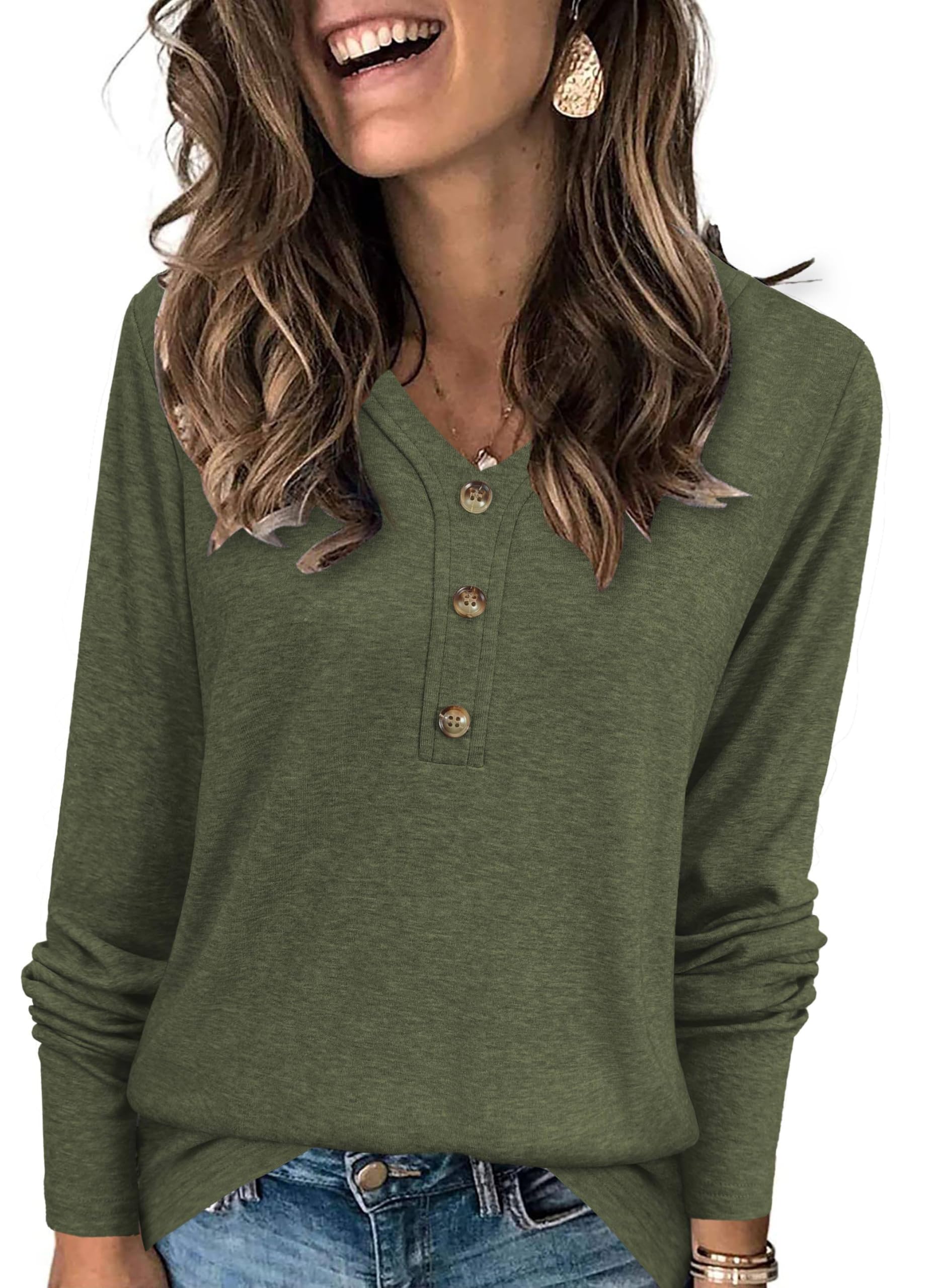 XMTOPYE Womens Long Sleeve Tops V Neck Button Tunic Fall Clothes Lightweight Blouses Green