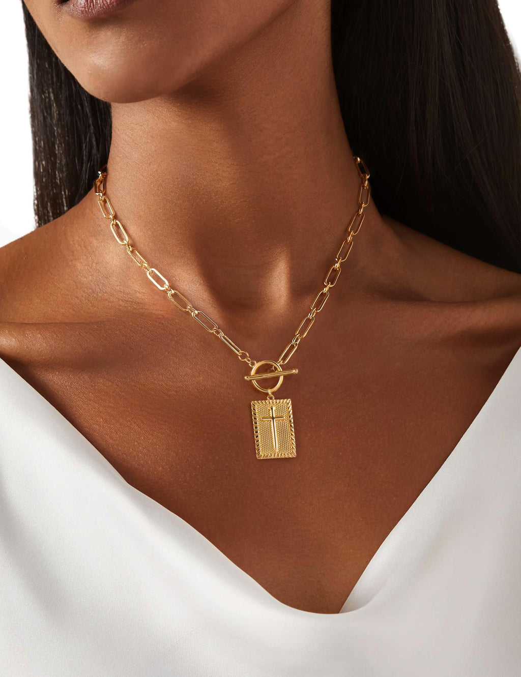 Carffordo Cross Necklace for Women - Dainty 14K Gold Plated Cross Pendant Necklaces Trendy Toggle Clasp Paperclip Chain Simple Religious Jewelry Christmas Gift