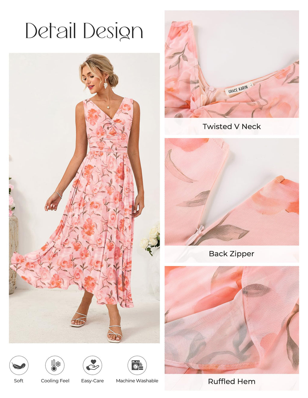 GRACE KARIN Women's Summer Sleeveless Floral Maxi Dress V Neck Formal Wedding Guest Dress A Line Beach Vacation Clothes Orange Floral L