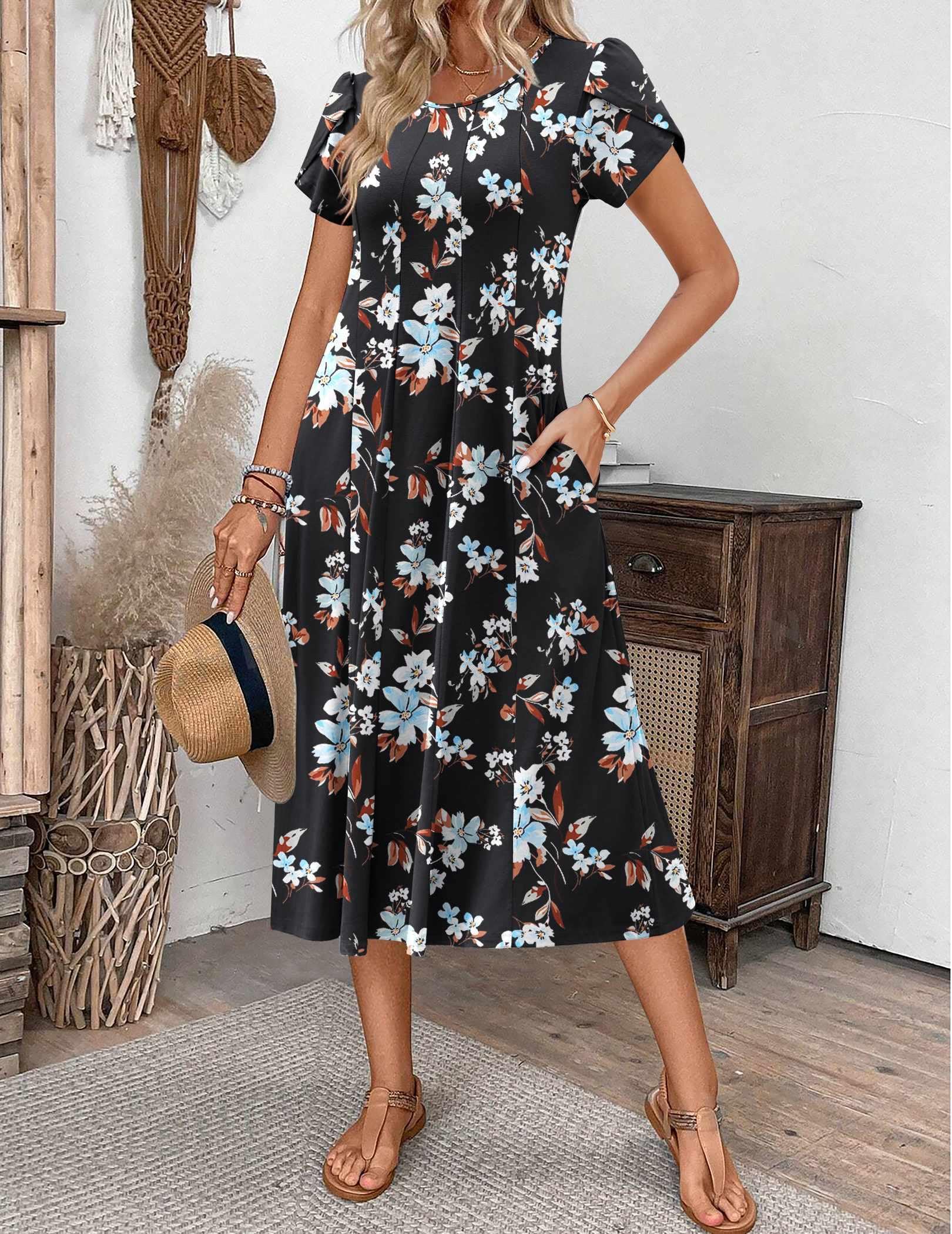 Zeagoo Plus Size Womens Casual Summer Dresses Midi Fit and Flare Dresses for Women Loose Fit Long Dress Black Flower