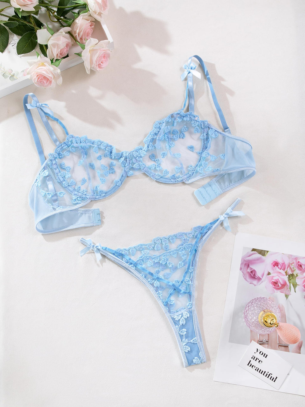 Lilosy Sexy Cute Underwire Push Up Strappy Heart Embroidered Mesh Sheer Lingerie Set for Women Bachelorette See Through Bra and Panty 2 Piece Bow Light Blue Small