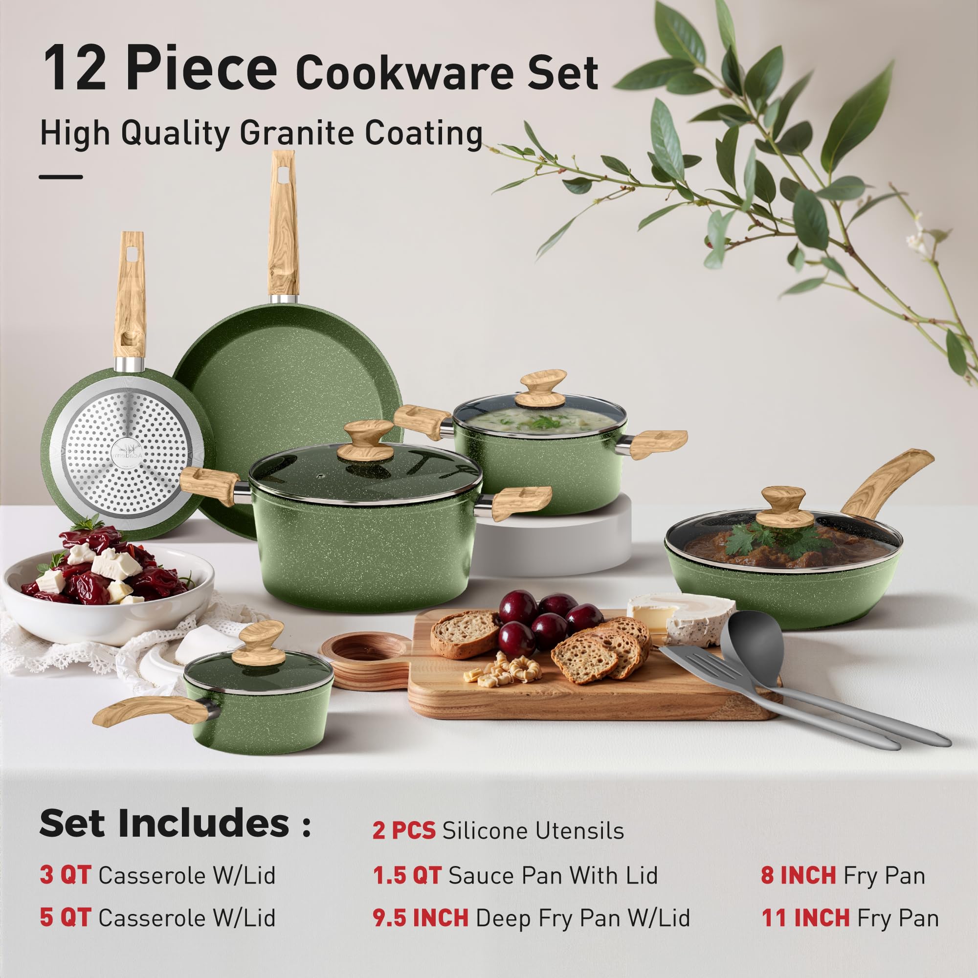 DishDelight Induction Pots and Pans Set Non Stick, 12 Piece Nonstick Induction Granite Kitchen Cookware Sets, Induction Cookware Nonstick Granite Cooking Set, PFOA&PFOS Free, Green