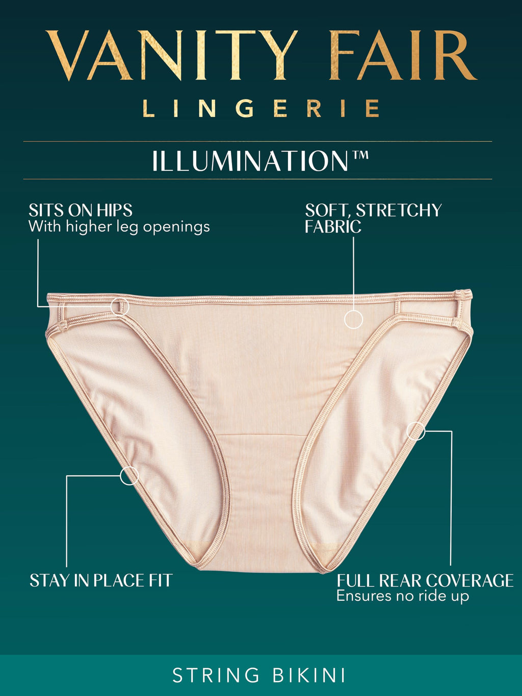 Vanity Fair Womens Illumination String Panties, Silky Stretch & Satin Trim Bikini Style Underwear, 3 Pack - White/Quartz/Beige, 6 US