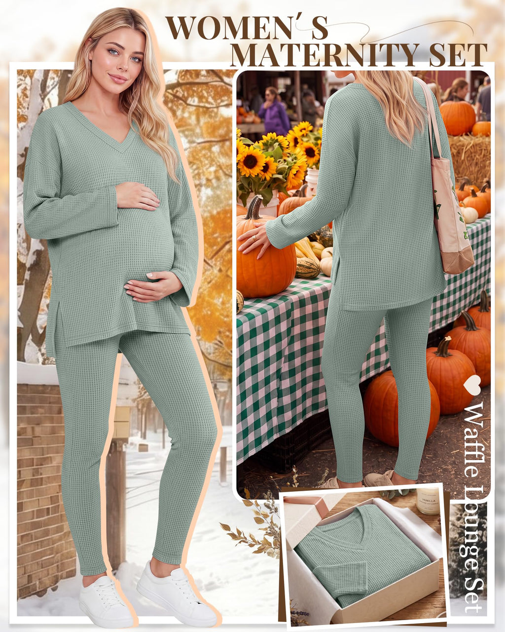 Huukeay Women's Maternity Lounge Set 2 Piece Outfits,Gray Green,Small