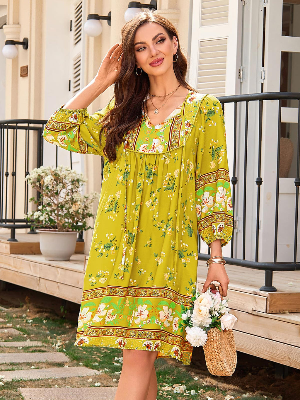 Qearal Summer Dresses for Women 2026 Vacation, 3/4 Sleeve Loose Tunic Dress Boho Beach Sun Dress Knee Length Light Yellow XL
