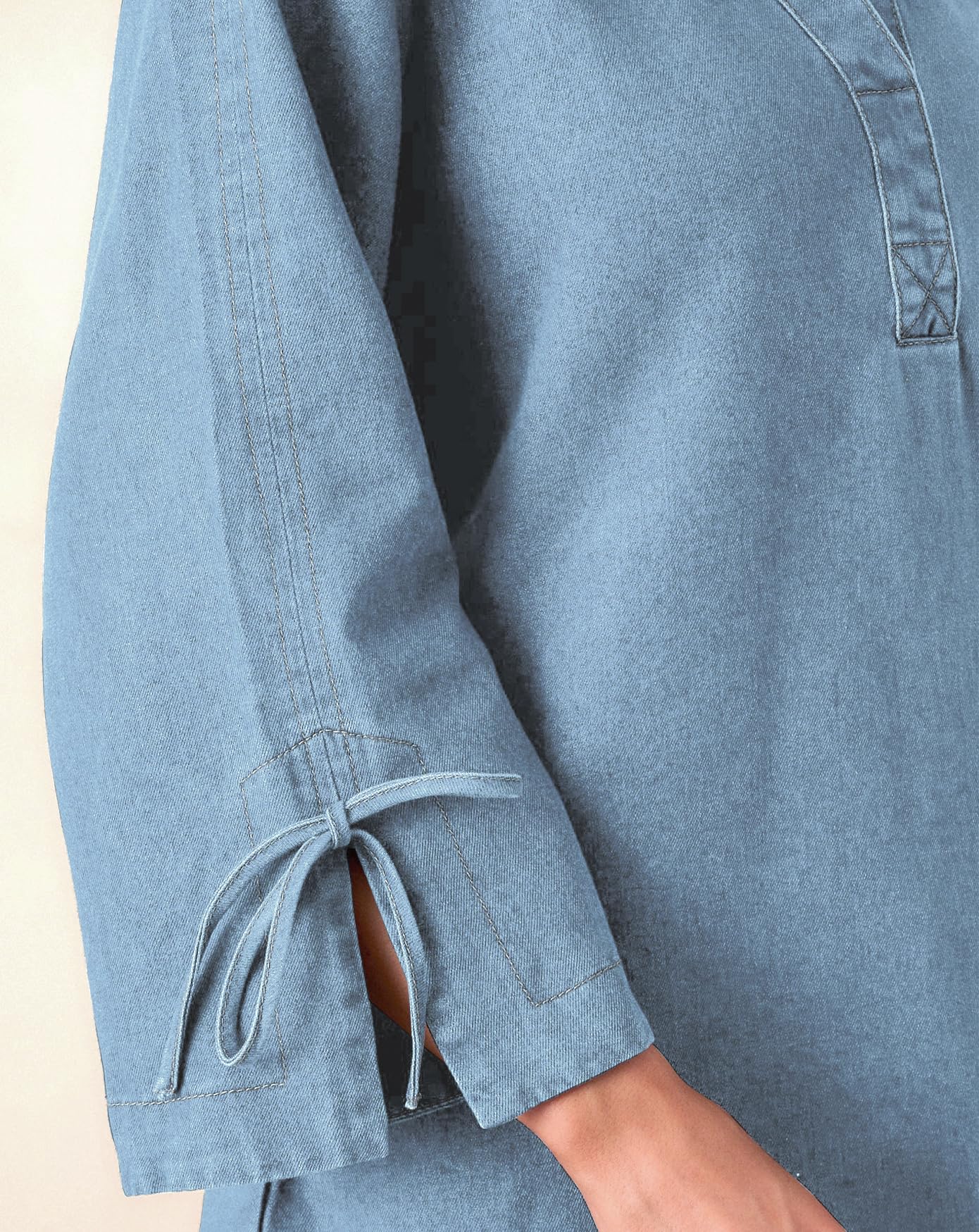 Womens Denim Shirt Dress Collared V Neck Bell Long Sleeve Mini Casual A-line Jean Dresses with Bow Light Blue