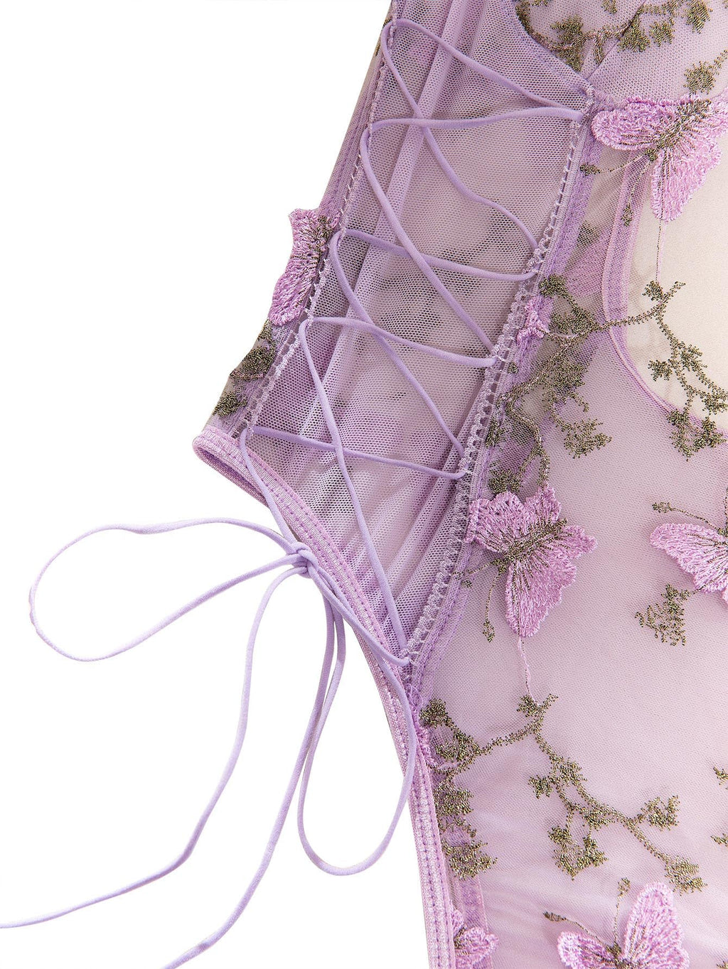Lilosy Women Sexy Lace Up Floral Embroidered Teddy Babydoll Lingerie Bodysuit Top Mesh Sheer One Piece See Through Butterfly Light Purple Medium
