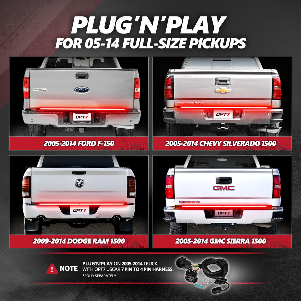 OPT7 Redline Parlux 60" Aluminum Truck Tailgate Light Bar w/Sequential Red Turn - Rigid 2-Section Triple Row LED Light Strip w/Ignition Sequence, Red Running Brake, Triple-Flash White Reverse