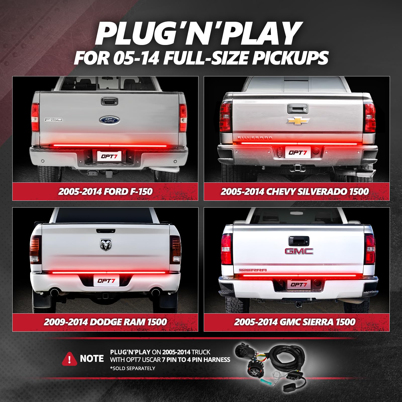OPT7 Redline Parlux 60" Aluminum Truck Tailgate Light Bar w/Sequential Red Turn - Rigid 2-Section Triple Row LED Light Strip w/Ignition Sequence, Red Running Brake, Triple-Flash White Reverse