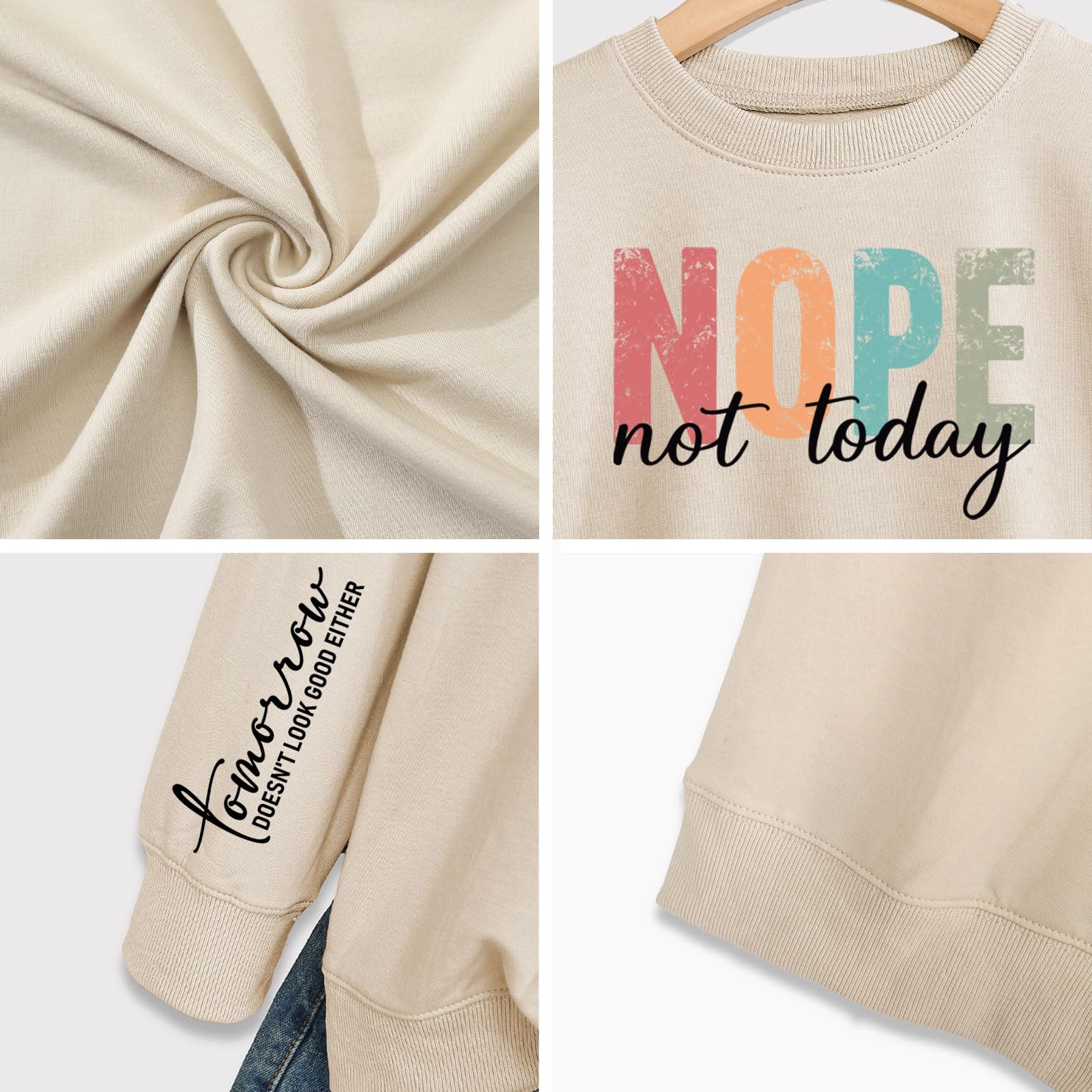 Nevfiro Nope Not Today Sweatshirt Women Crewneck Long Sleeve Pullover Tops (US, Alpha, Large, Regular, Regular, Beige)