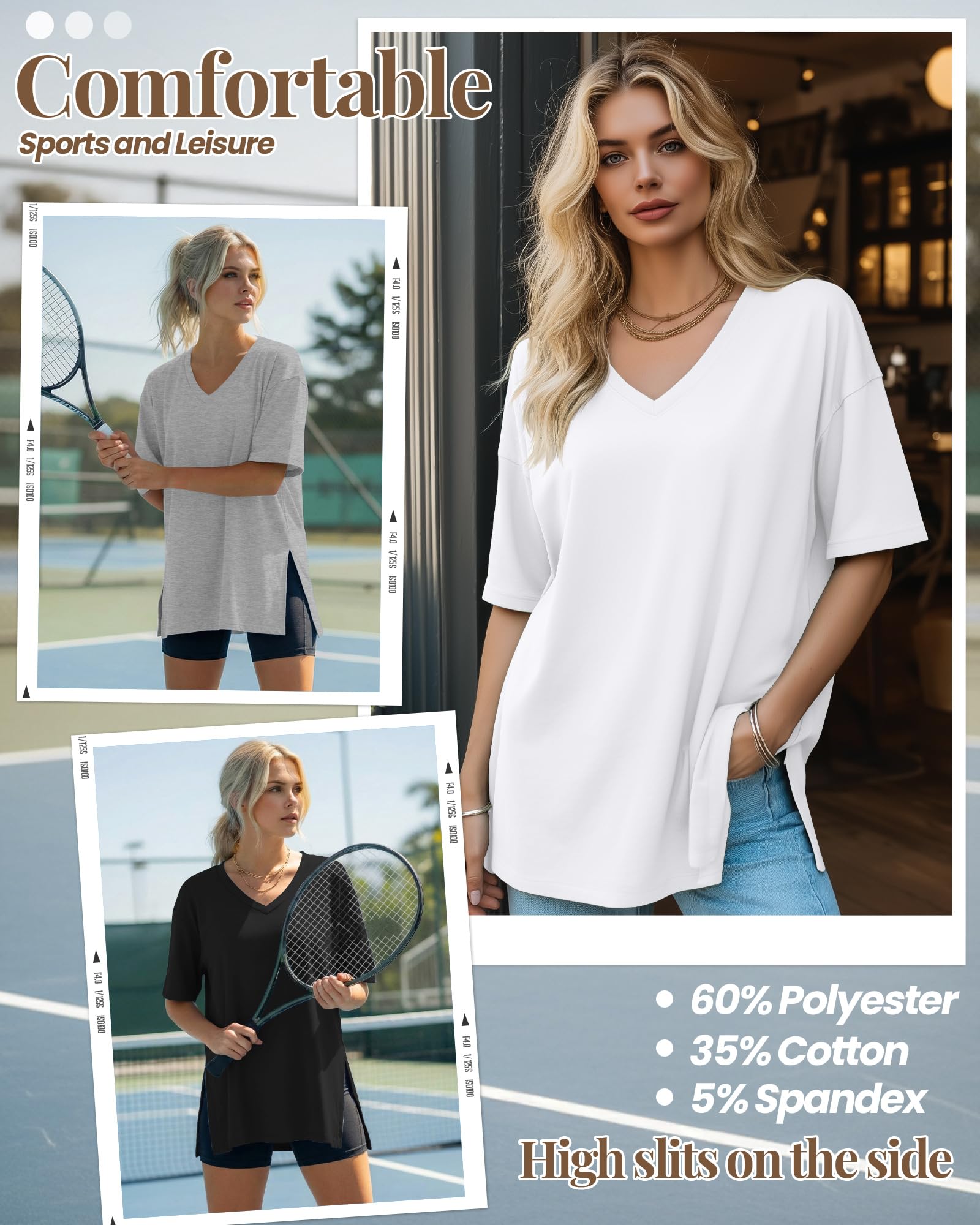 Huukeay 3 Pack Oversized Shirts for Women V Neck Workout T Shirt Casual Side Split Tee Short Sleeve Loose Tops Tunic Tops(Black, White, Gray,X-Large)