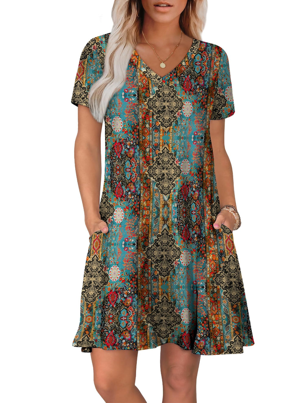 WIHOLL Summer Dresses for Women 2026 Casual Tshirts Dress with Pockets Beach Vacation Clothes Short Sleeves Flowy Sundress Loose Fit Vestidos Casuales para Mujer Spring Outfit Boho Multicolor L