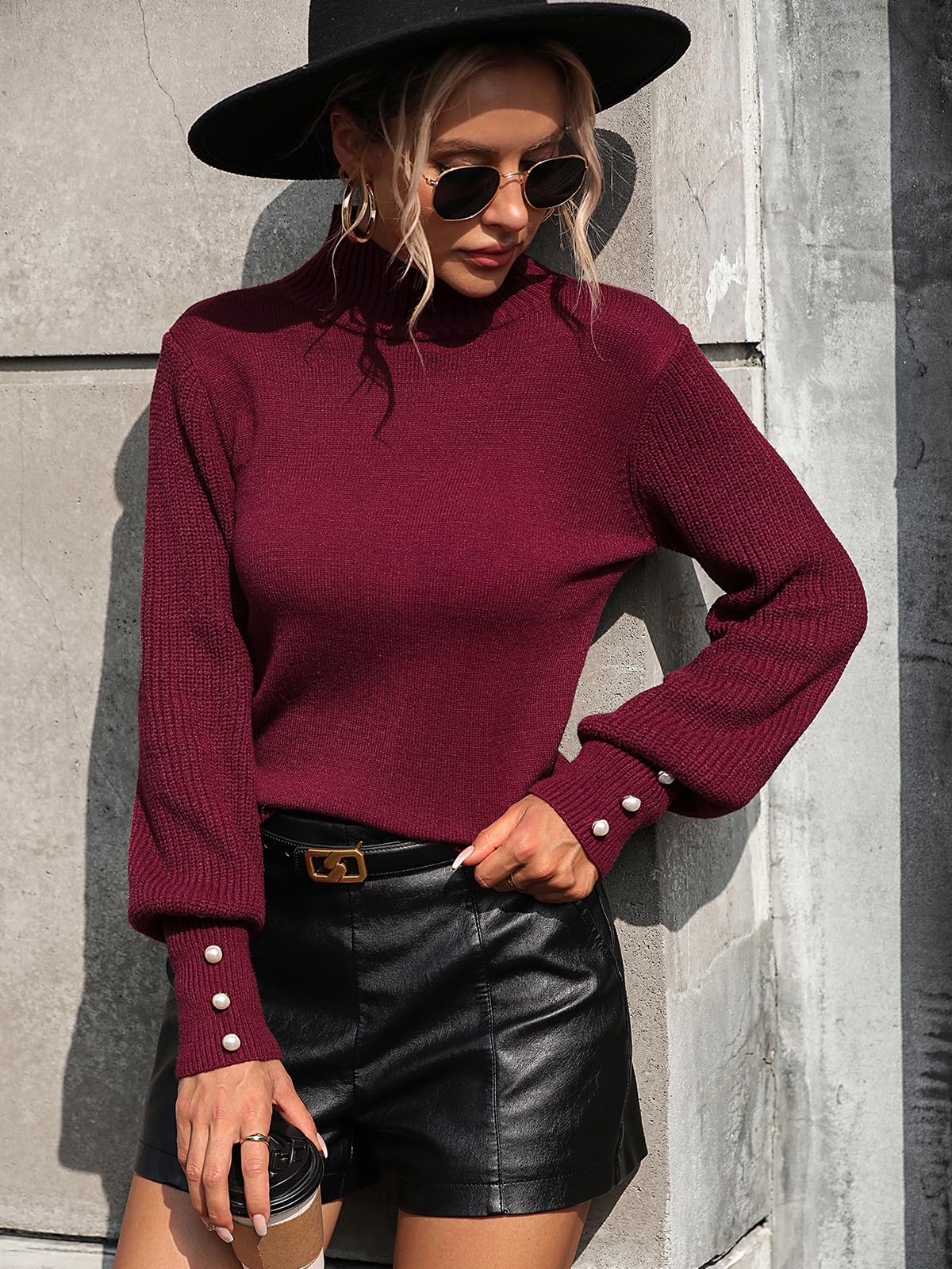 Upopby Women's Fall Winter Pullover Sweaters for Women 2025 2026 Trendy Lantern Sleeve Turtleneck Knitted Sweater Jumper Tops Wine Red XL