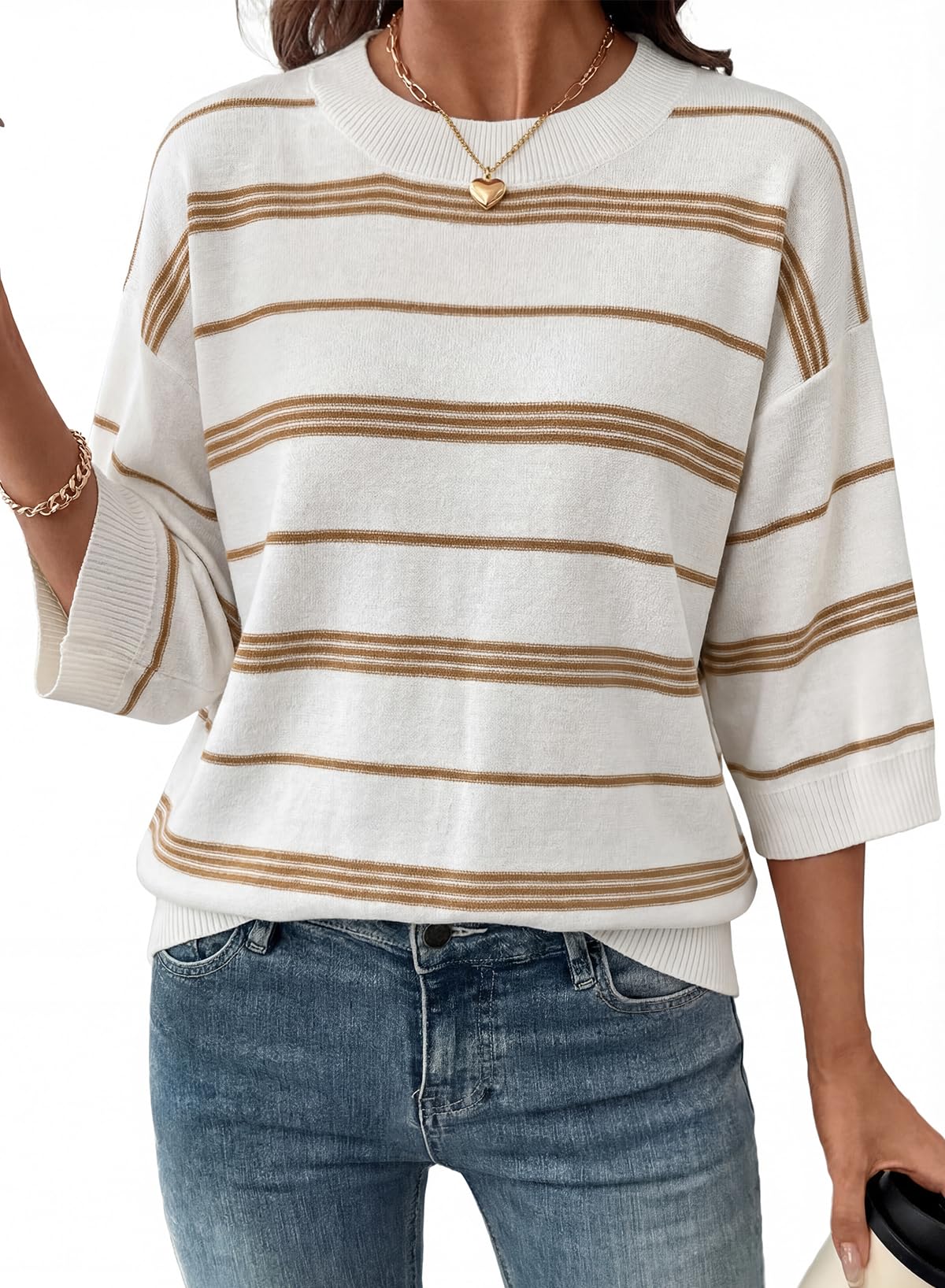 Dokotoo Sweaters for Women Oversized 3/4 Length Sleeve Womens Tops Striped Color Block Crewneck Spring Summer Casual Lightweight Knit Boho Resort Wear Pullover Sweater Tunic Blouse Khaki X-Large