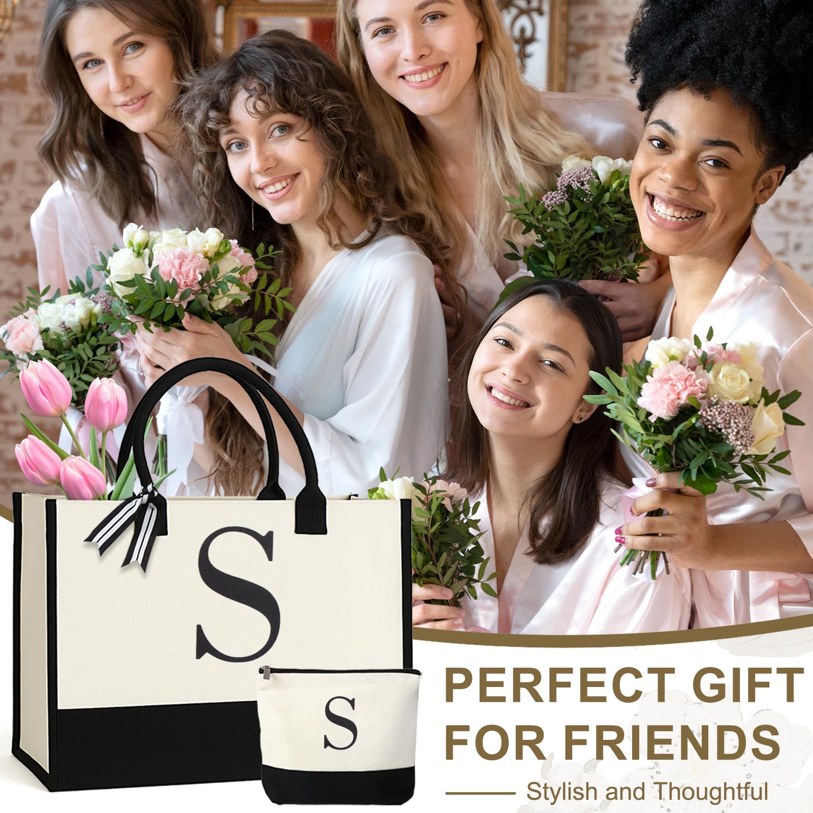 GENGBIN Personalized Canvas Tote Bag, Monogrammed Gift with Zipper Pouch for Women (S - with Cardboard Insert)