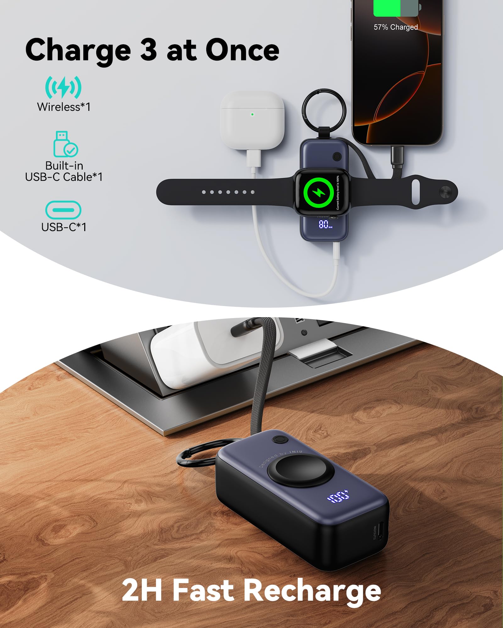 INIU 3-in-1 Portable Charger, 5000mAh Power Bank with Watch Charger & Built-in Cable, Compact 20W Fast Charging Battery Pack, Key Chain & Travel Essential for iPhone 16 15, Apple Watch,etc
