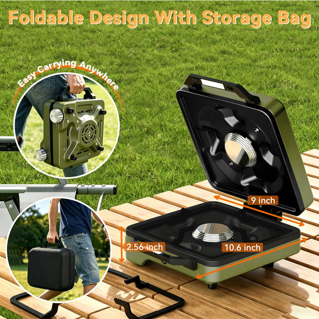 2 Burner Camping Stove with Windshield, 24000 BTU Propane Camp Stove, Portable Folding Camp Stove with Frying Pan, Coffee Stand & Carry Bag, Camping Essentials for Picnic, RV, Camp kitchen, Green