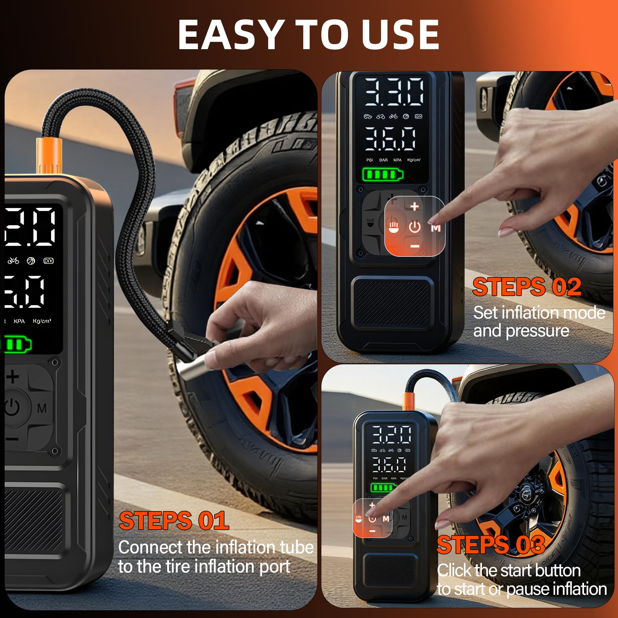 Calmara Y34 Tire Inflator Portable Air Compressor,4X Faster Inflation,6000mAh Cordless/12V DC 150PSI Air Pump with Digital Pressure Gauge for Car,Motorcycle,Bike,Easter Gifts for Him